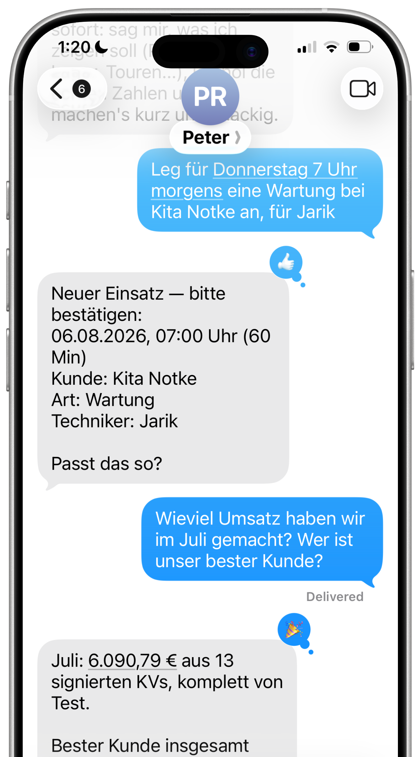 iPhone mit Peter im iMessage-Chat: Einsatz anlegen, Umsatzfrage beantworten