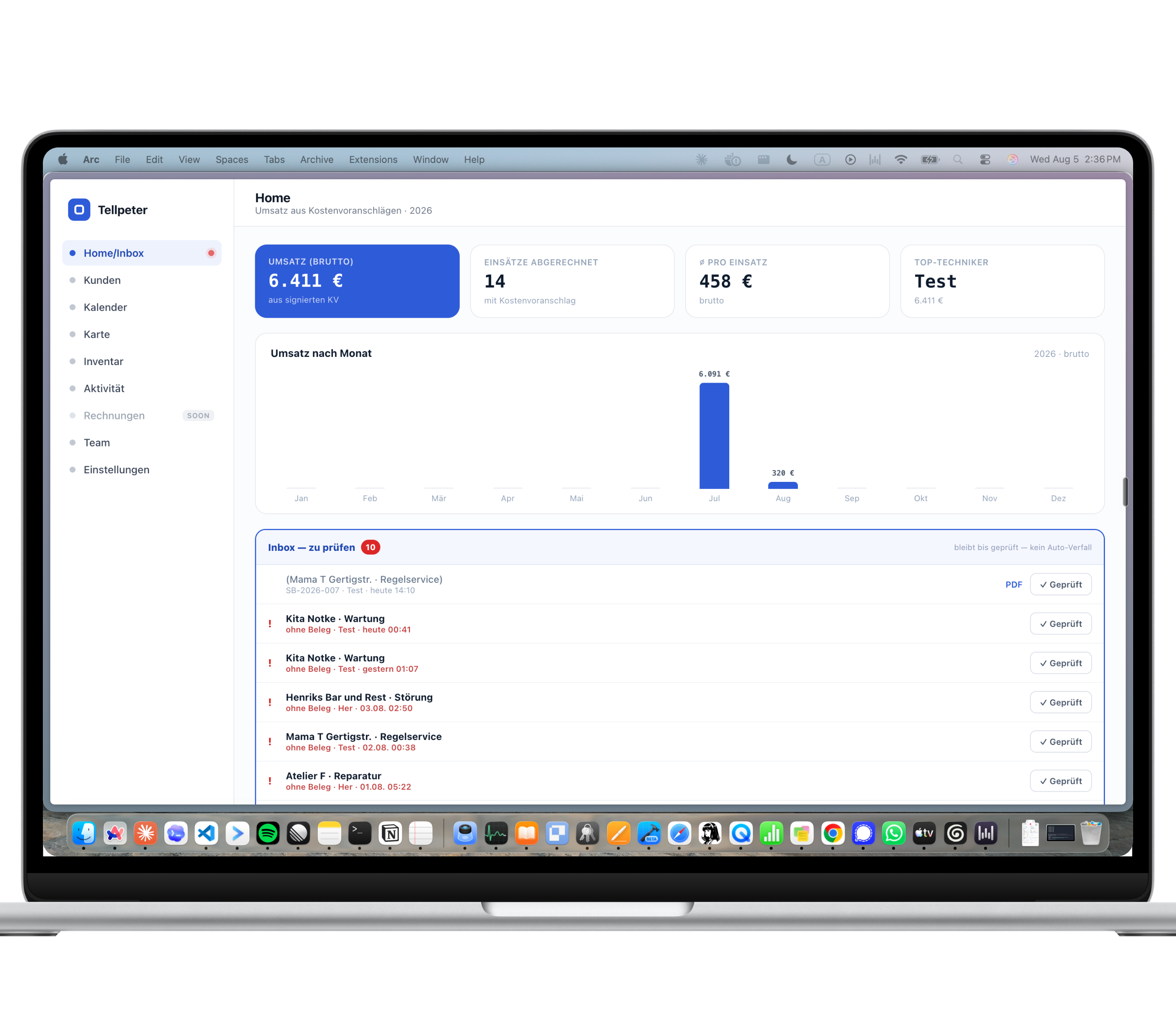 MacBook mit Tellpeter Home: Umsatz-Übersicht und Inbox